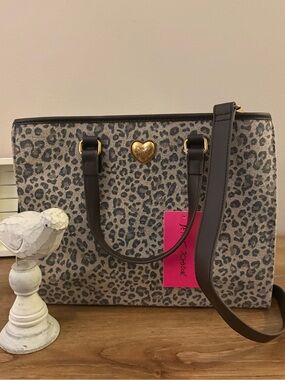 Betsey Johnson Leopard Print Tote Crossbody Bag NWT Canvas Gold Heart Logo